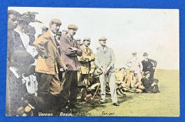 Golf Postcard – ‘Vardon / Braid / Fernie / Taylor’ colour postcard depicted with crowds, Millar &