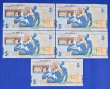 5x Jack Nicklaus Royal Bank of Scotland £5 Bank Notes – consecutive numbers include JWN0134712-716