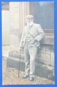 Golf Postcard – Tom Morris, St Andrews – coloured postcard – depicted stood against the R&A, publ'