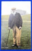 Golf Postcard – Tom Morris ‘Old Tom’ colour postcard – depicted stood in front of R&A with pipe