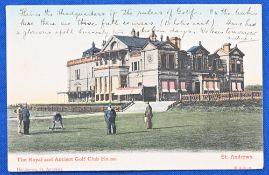 Golf Postcard – Tom Morris - The Royal & Ancient Golf Club House St Andrews with Tom Morris standing