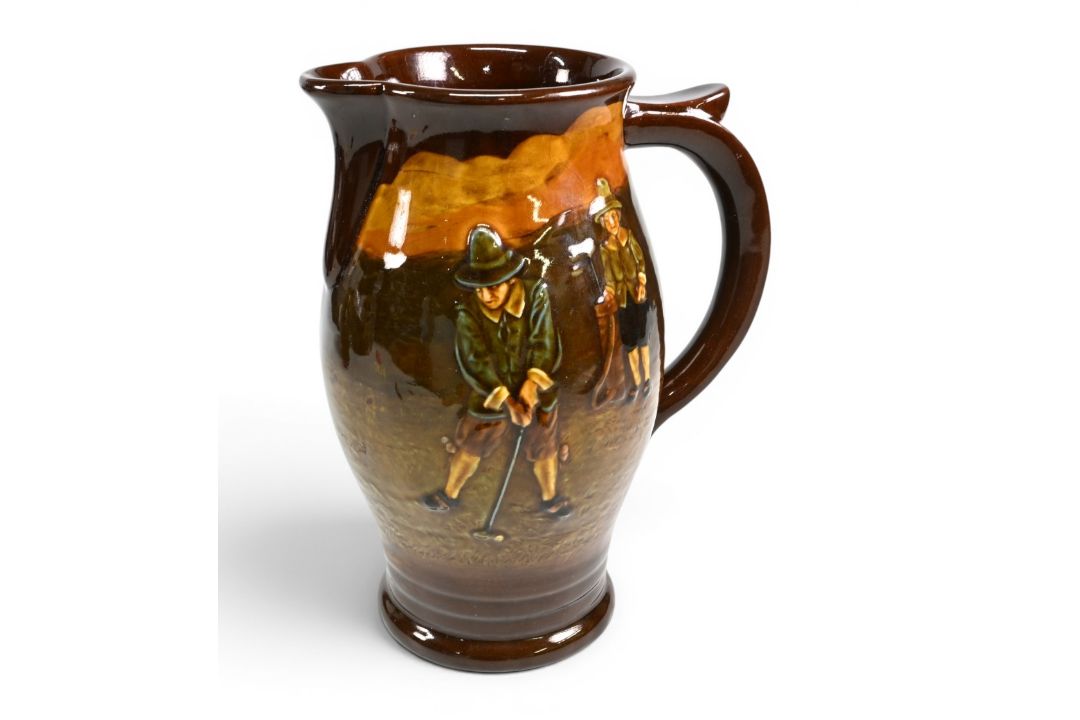 Royal Doulton Kingsware series water jug c1920s decorated with Crombie style golfer’s relief - Image 1 of 2