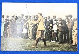 Golf Postcard – Harry Vardon ‘Pitching’ in colour, in front of crowds, Millar & Lang inscribed to