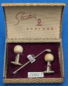 Stratton Gents Golf Cuff Link Tie Clip set c1950, golf ball themed and 19th hole clip, in original
