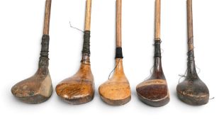 5x Assorted Woods incl Tom Reckie stripe topped brassie, large head Archie Compston autograph