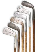 6x Various Golf irons incl C Butchart round backed cleek stamped West Chester Biltnor Rye NY Country