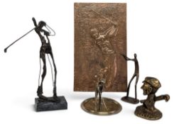 Brass & metal collectable Golf Figures Statues, 4 assorted figures and a hammered golfer plaque
