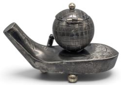 Early Quill long nose pewter Howard Sheffield Inkwell, with a golf ball lidded inkwell (lid hinge
