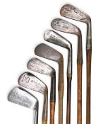 7x Assorted Golf irons incl very deep faced mashie by Forester of Elie in rustless metal, Spalding