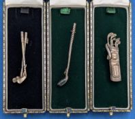 3x Golf Club Brooches, silver hallmarked examples, to include a set of clubs in bag, all boxed