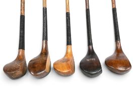 5x Assorted scare neck woods incl Alex Herd Coombehill driver, Alex Patrick light stained
