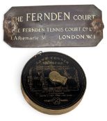 Period Brass Lawn Tennis Tape Measure 10cm diameter, comes with a brass business nameplate