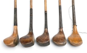 5x Late scared neck drivers incl a golden persimmon stamped W Green, the others indistinctly stamped
