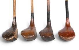4x Socket neck woods to include R Forgan St Andrews crown marked brown stained spoon, The London
