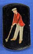 Antique Paper Mache Snuff Box, decorated with a period golfer figure image applied to lid size