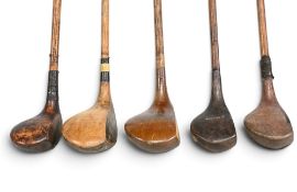 5x Socket Neck Woods incl D Millar large head driver, another indistinctly stamped large head spoon,