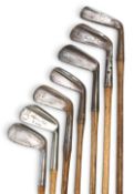 7x Flanged and wide sole Golf irons incl unusual wide sole shallow head mashie with faint Anderson