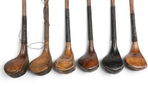 6x Late scared neck round head woods incl 4x drivers and 2x brassies by makers Alex Patrick, Taggart