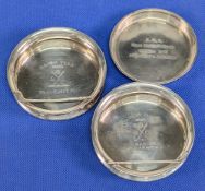 3x 1927-1962 silver hallmarked Golf Astray Pin Dishes, to include 1927 Taylor Cup OGC D Crabtree & T