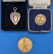 3x Period Golf Awards Medals: a silver hallmarked and gold fronted fob medal 1926 Strachan Golf