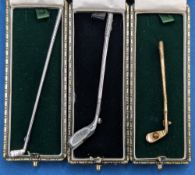 3x Golf Club Brooches, silverplated and gold-plated examples, boxed