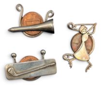 3x Eonore Doskow sterling silver Golf Brooches, USA Penny, assorted styles, golf pin, golf club, and