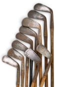 10x Assorted long and mid irons – incl Alex Patrick crescent moon and star stamped iron, Anderson of