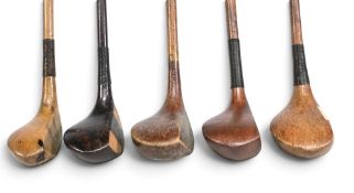 5x Socket neck woods incl Wm Park light brown stained brassie, Scott of Elie showing the Lion and