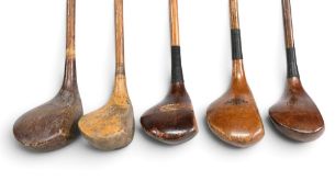 4x St Andrews Clubmaker’s socket neck woods incl 3x by R Forgan a large head driver, golden