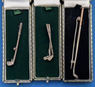 3x Golf Club Brooches, silver hallmarked examples, boxed