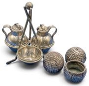 Golf Theme Cruet Sets, a good-looking plated cruet set on golf clubs, and a metal set (missing glass