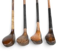 4x Late 1890s scared neck woods incl Dickson beechwood brassie, golden hickory head driver unnamed