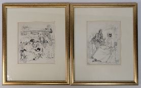 A pair of large, original, signed Victorian pen-and-ink drawings depicting tennis scenes by American