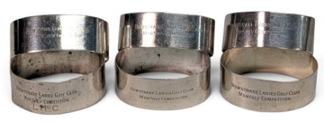 Set of 6x c1930 Howstrake Ladies Golf Club Monthly silver hallmarked Napkin Rings, assorted dates,