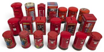 Collection of Royal Mail Letterbox Money Boxes: assorted shapes and designs most are tin, a couple