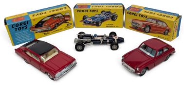 3x Boxed Corgi Diecast Cars, 327 MGB GT, 263 Marlin rambler sports fastback, 156 Cooper Maserati F/1