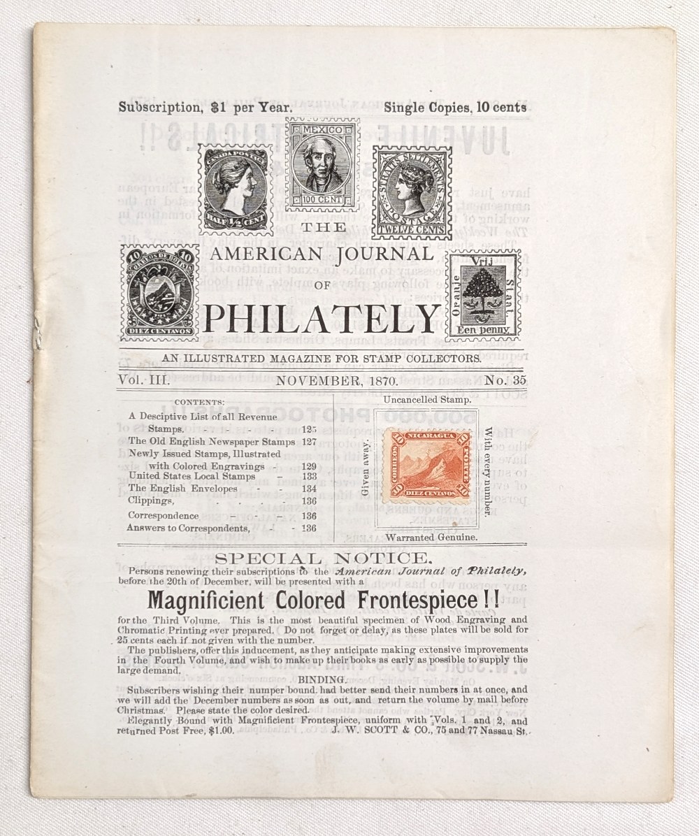 UNITED STATES: THE AMERICAN JOURNAL OF PHILATELY October 1870. A 16 ...
