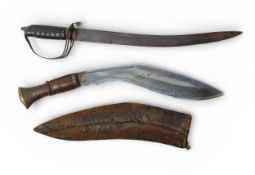 A short sabre sword, possibly Indian issue, with 34cm curved blade with short fuller and spear