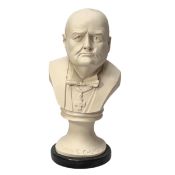 A 20th Century composite marble bust of Sir Winston S. Churchill, on a titled base, raised on