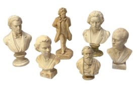 Seven sculpted busts of composers, chalk and resin examples, including Chopin, Johannes Brahms,