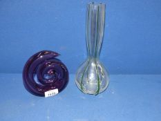 A purple Murano style thick spiral sculpture with flat polished base, 5 1/2" tall x 5" wide,