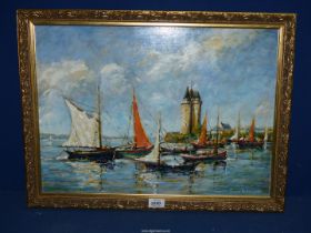 A gilt framed oil on board of a French harbour scene with sailing boats and a prominent stone tower,