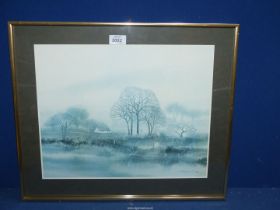 A framed and mounted print of a country landscape : 'Misty', signed Stephen Oliver,