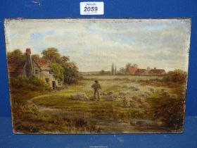 An unframed Oil on canvas depicting a Shepherd tending a flock of sheep near a rustic cottage,