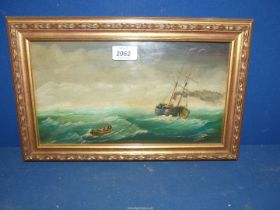 A framed Oil on board depicting a steamer Ship and Life Boat rescue party, signed lower right 'G.
