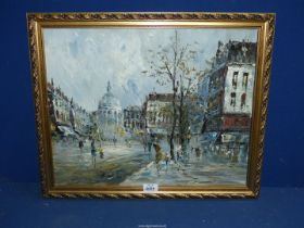 A framed impressionist oil on canvas of a Parisian street with prominent domed building, signed B.