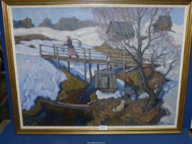 A framed Oil on canvas ably depicting a rustic snowy landscape with patches of melting snow