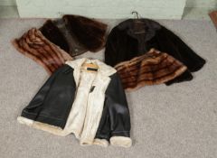 A collection of fur items to include Younger's shawl, mink coat, two shawls and one faux leather and