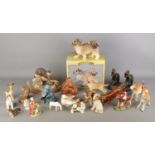 A box of ceramic and composite animal figures. To include Border Fine Arts otters, Sylvac monkeys,