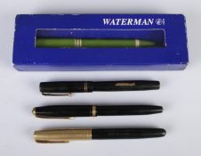 Four pens; including Conway Stewart 85L and Swan with 14ct Gold nibs and boxed Waterman rollerball